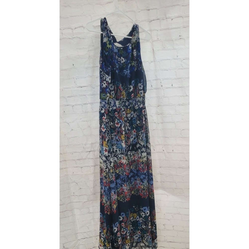 Gabby Skye Navy Blue Floral Sleeveless Maxi Dress Smocked Waist Size 12‎